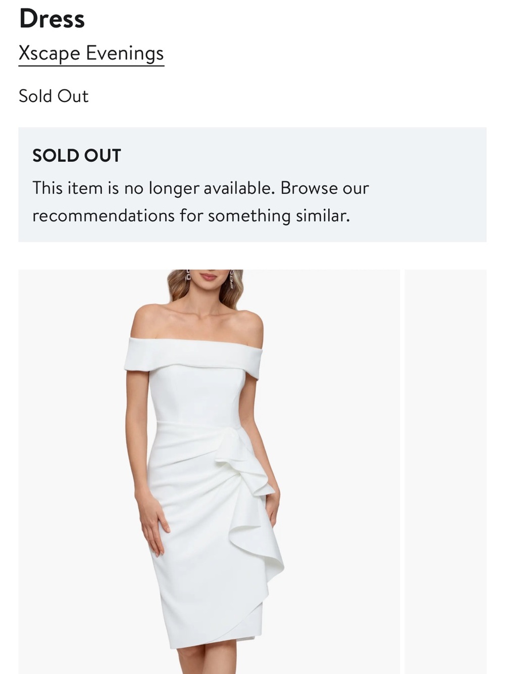 Xscape White Off-Shoulder Midi Dress with Draped Side Ruffle